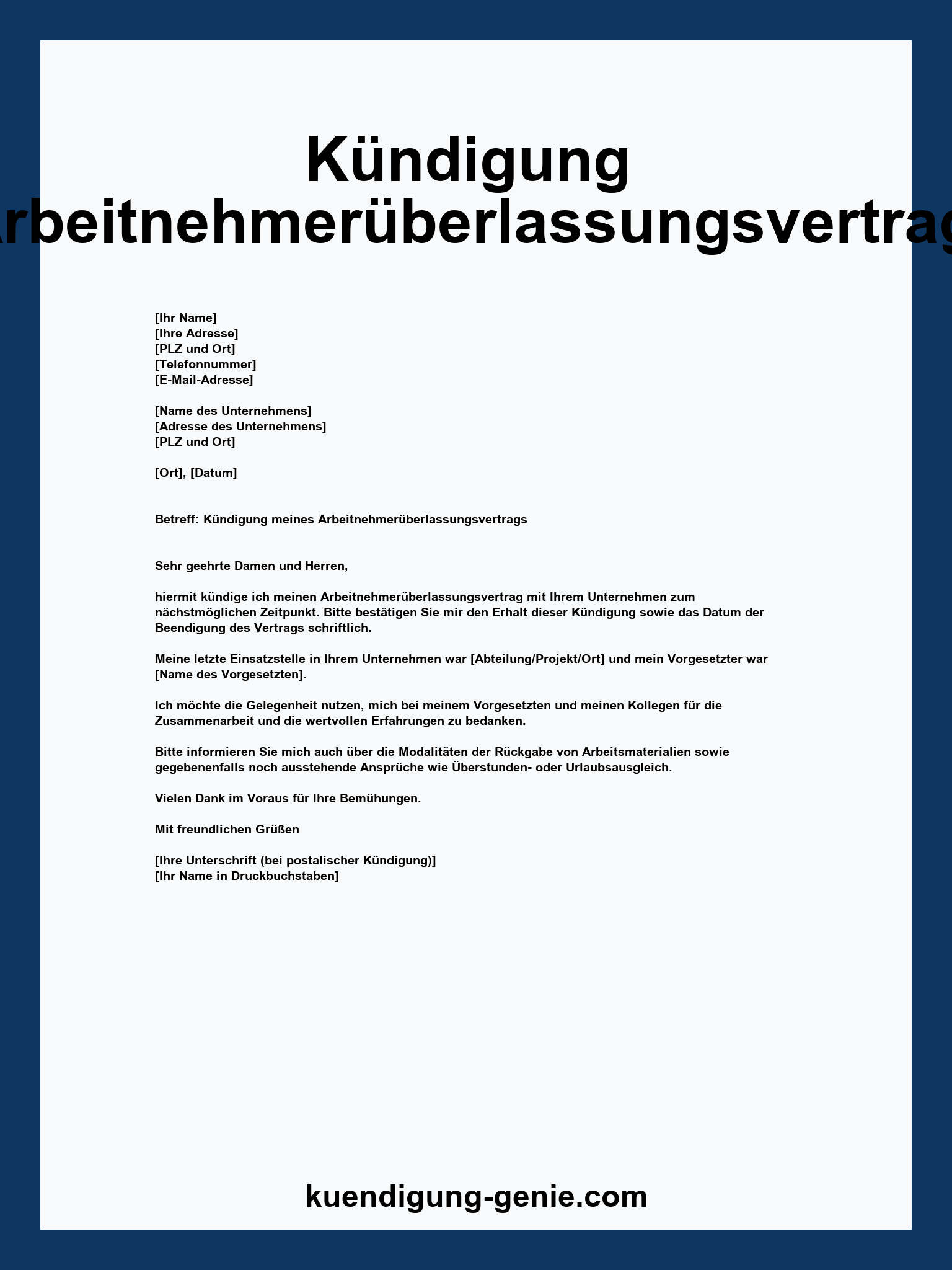 Kündigung Arbeitnehmerüberlassungsvertrag Muster