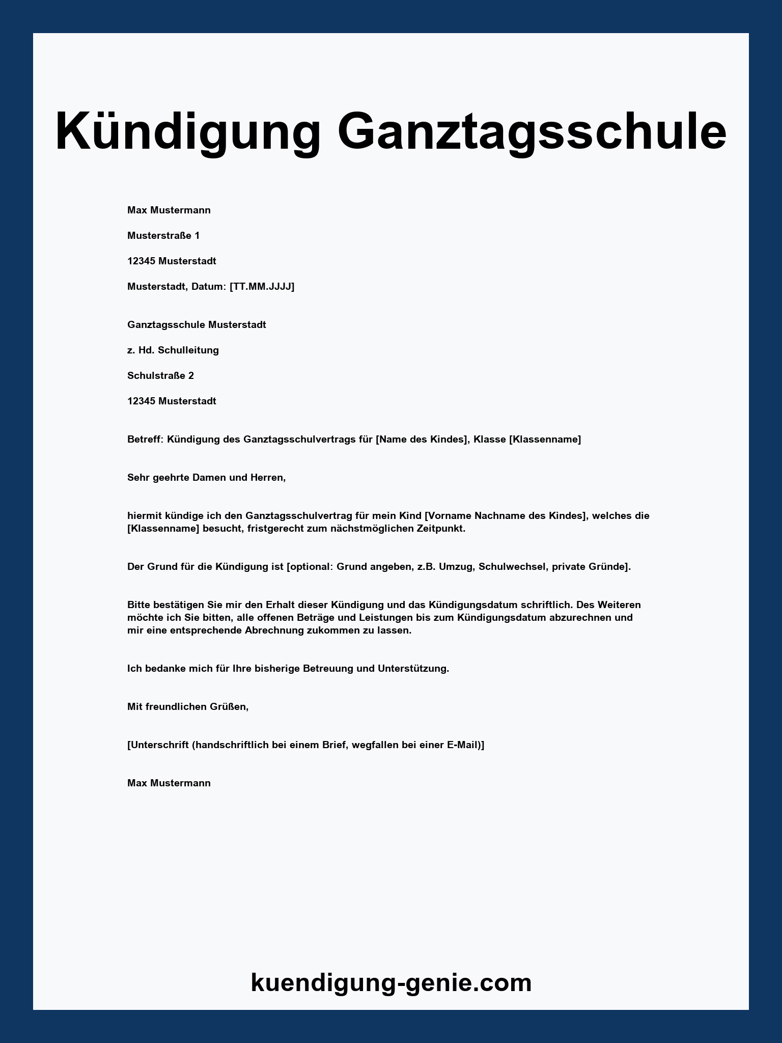 Kündigung Ganztagsschule Muster
