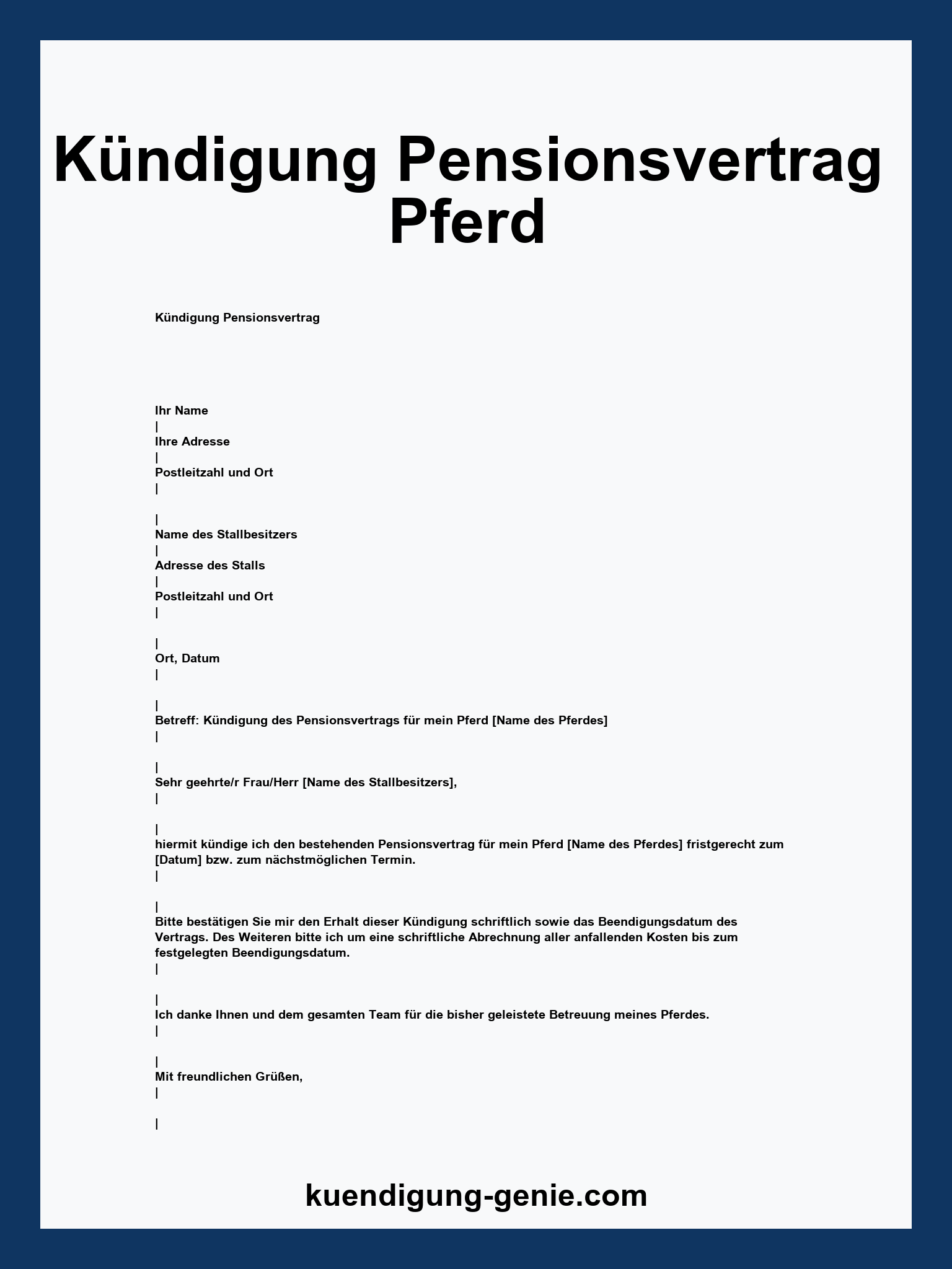 Kündigung Pensionsvertrag Pferd Vorlage