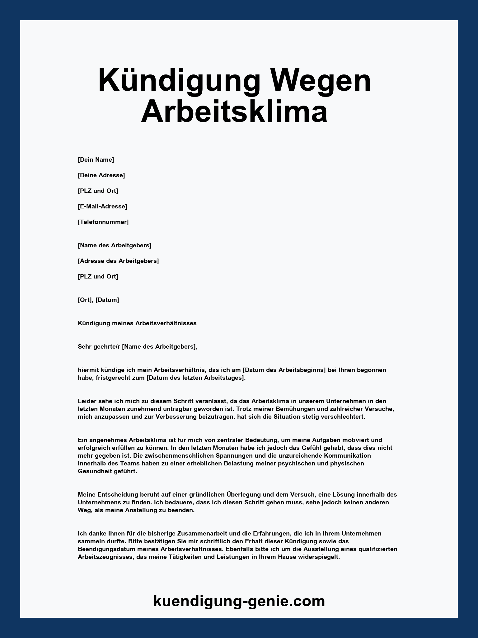 Kündigung Wegen Arbeitsklima Muster