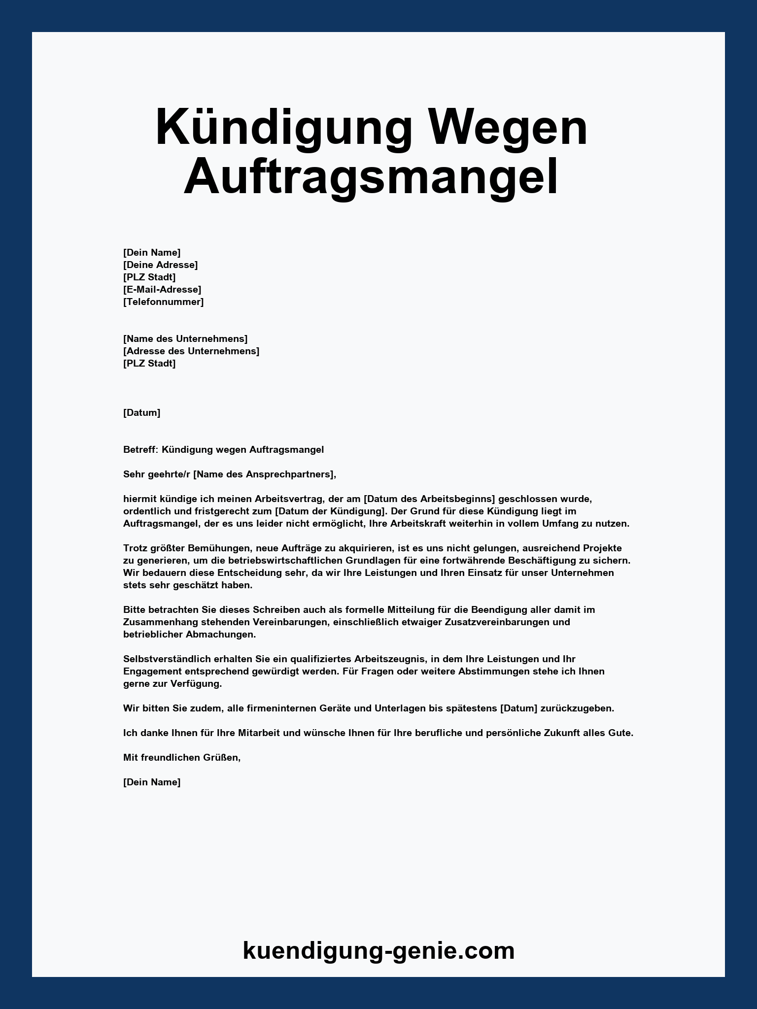 Kündigung Wegen Auftragsmangel Muster