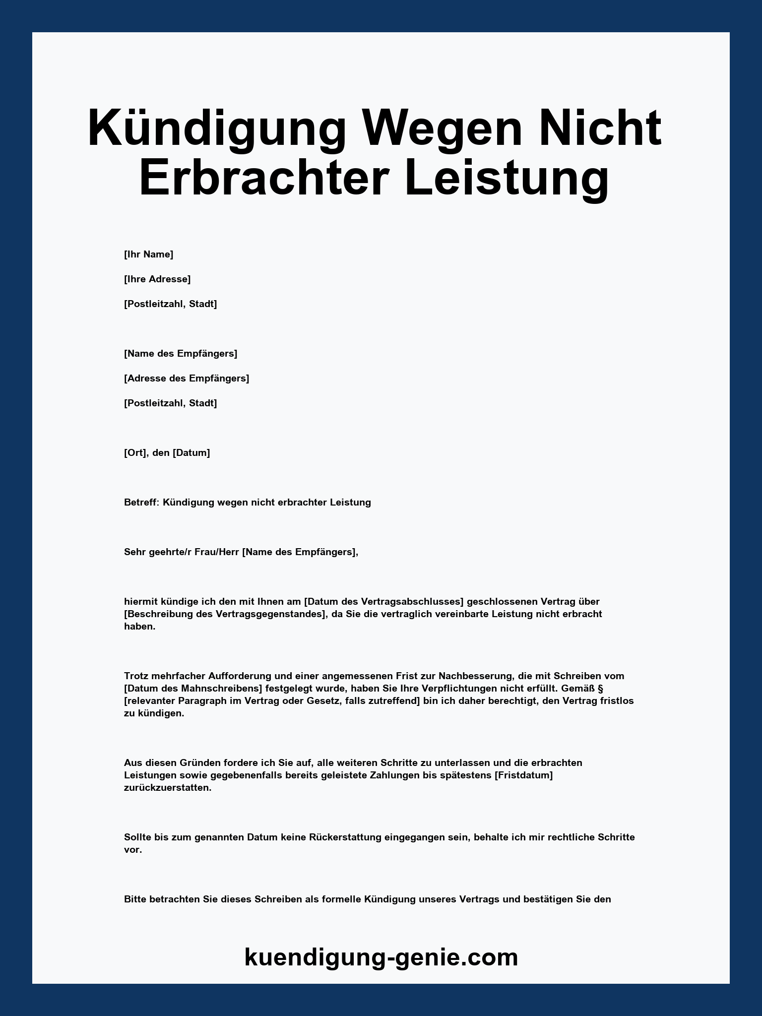 Kündigung Wegen Nicht Erbrachter Leistung Vorlage