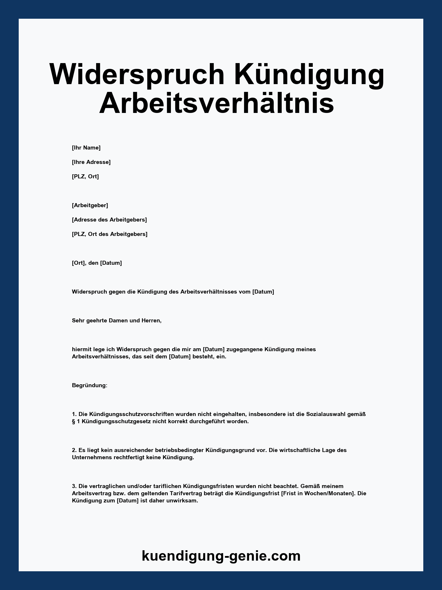 Widerspruch Kündigung Arbeitsverhältnis Muster